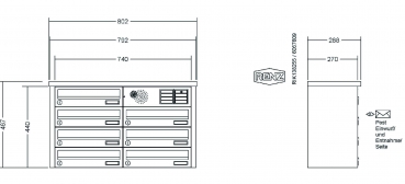 RENZ Briefkastenanlage Aufputz, Tetro, Kastenformat 370x110x270mm, mit Klingel - & Lichttaster und Vorbereitung Gegensprechanlage, 7-teilig